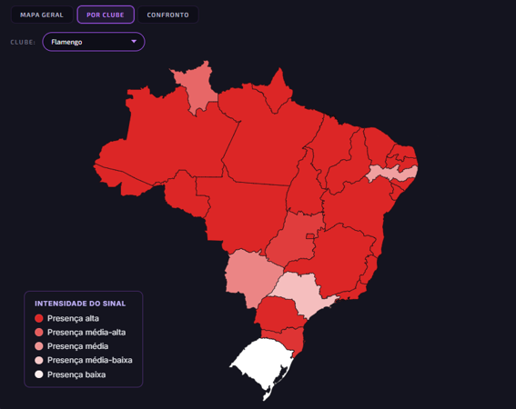 Mapa Por Clube do Portal Audiências com o Flamengo selecionado, mostrando a intensidade da presença por estado